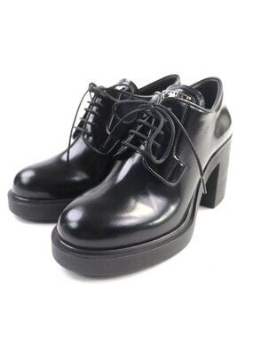 Prada Triangle Logo Chunky Heel Leather Loafers Black